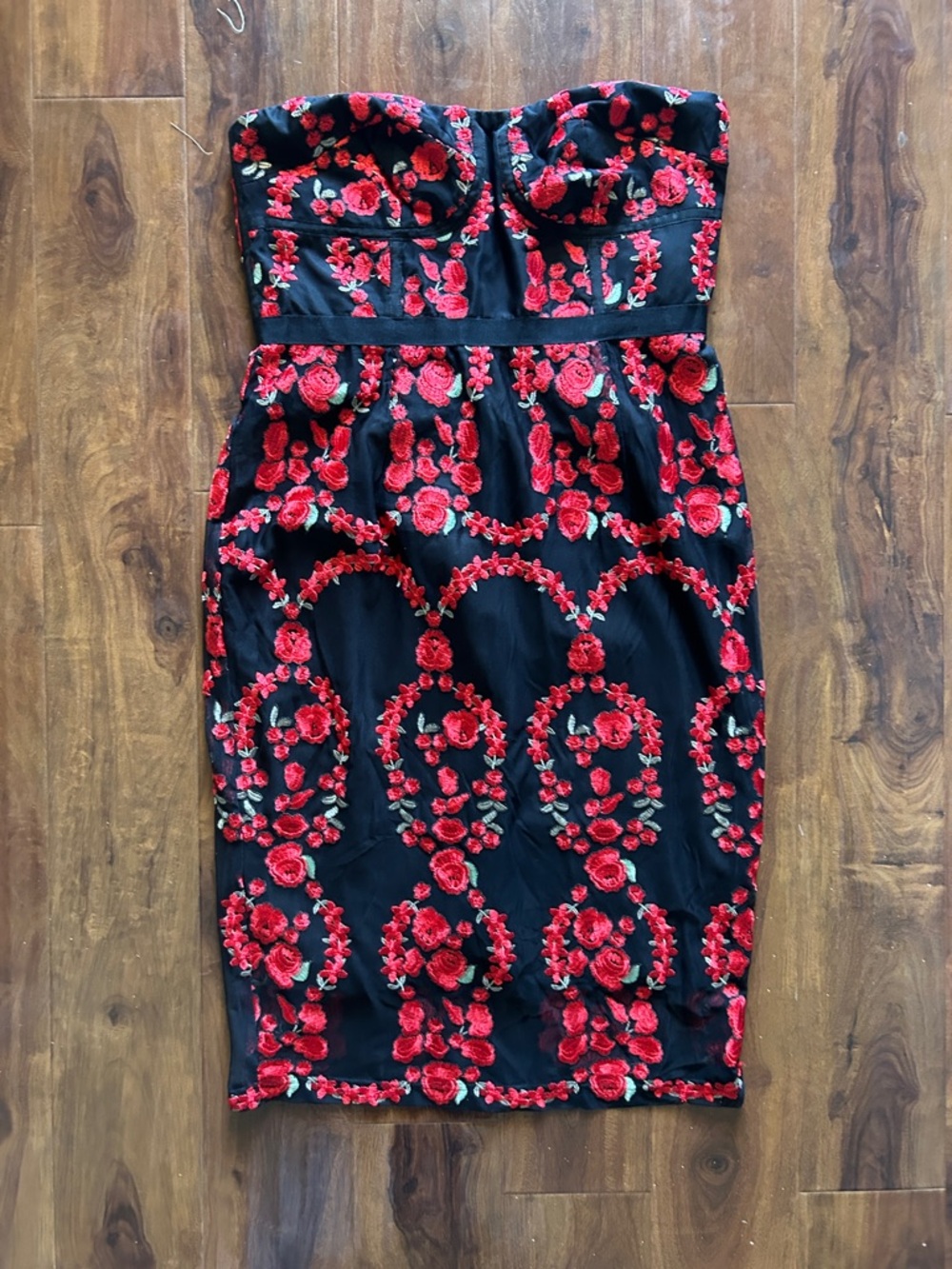 City Chic Strapless Black Dress with Red Floral Embroidery